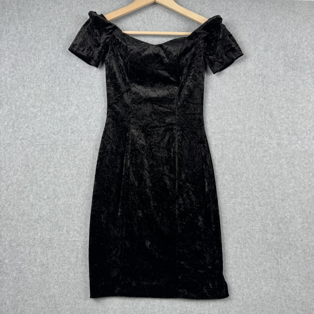 VTG All That Jazz Dress Womens Small Black Crushed Velvet Off Shoulder 90s LBD